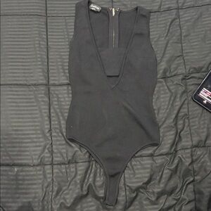 bebe Black Ribbed V-Neck Kids One-Piece Bodysuit